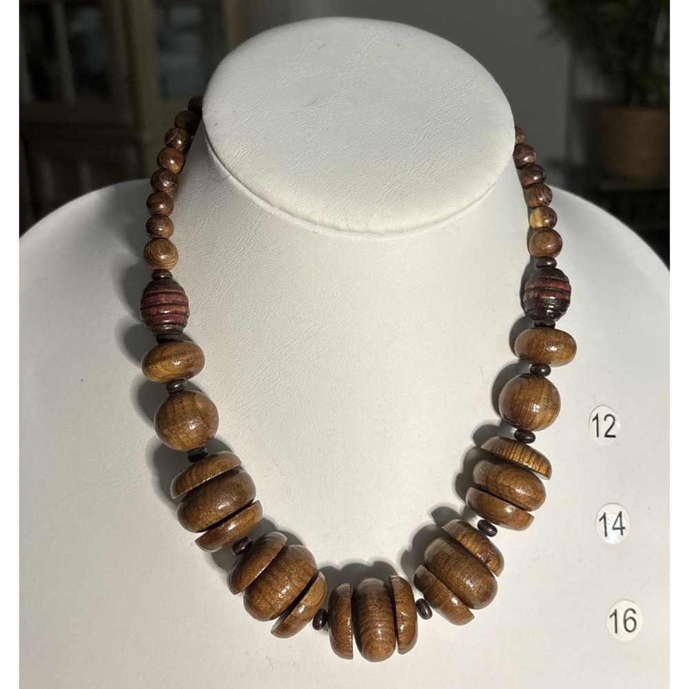 Vintage Chunky Wood Bead Necklace Brown Boho Tribal Statement Jewelry